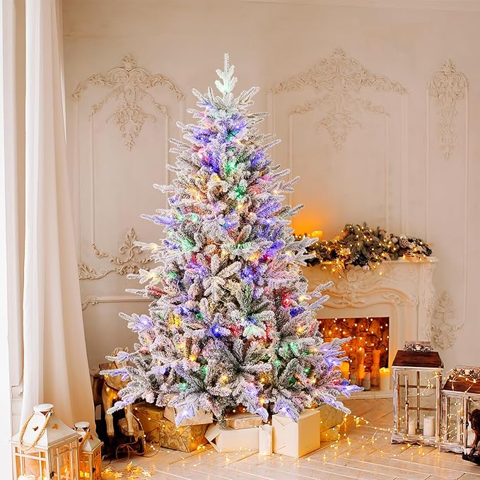 GOFLAME 6ft Pre-Lit Christmas Tree Snow Flocked, Hinged Artificial Xmas Tree with 820 Branch Tips, 260 Multi-Color LED Lights, 8 Lighting Modes, Holiday Decoration Tree for Home Office Party