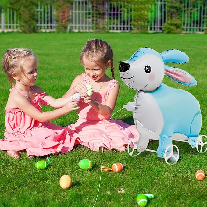 Walking Bunny Foil Balloons With Wheels Standing pet Bunny animal balloon Cute Rabbit Mylar Balloons for Jungle Safari baby Shower Animal Theme Birthday Party Decorations Supplies (Bunny)