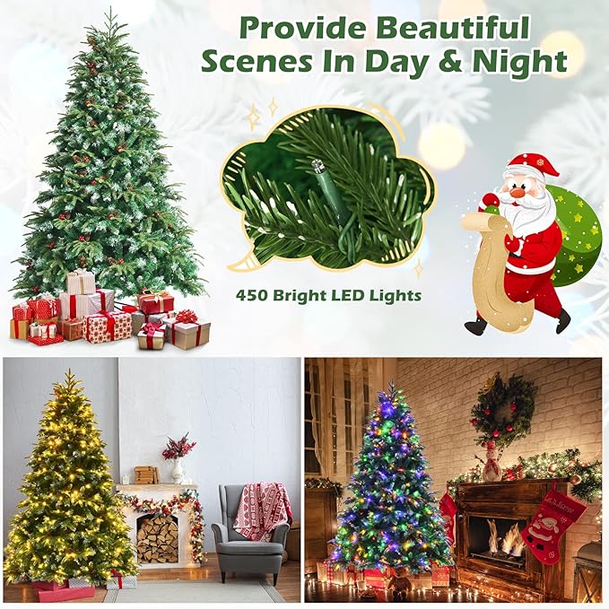 GOFLAME 7ft Pre-Lit Artificial Christmas Tree, Realistic Xmas Tree w/ 1315 Branch Tips, 450 Multi-Color LED Lights, 43 Pinecones & Red Berries, Pine Tree w/ 11 Flash Modes for Holiday Decoration
