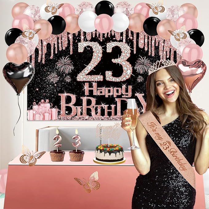23rd Birthday Decorations for Her, 49pcs Black Rose Gold Black Banner, Tablecloth, Butterfly Decor, 23rd Birthday Sash and Tiara, Cake Topper, Candles, Balloons Arch