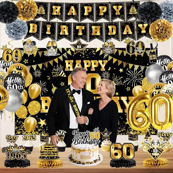 partyjju`s 58PCS 60th Birthday Decorations for Men Women, 60th Black Gold Party Supplies Backdrop, Honeycomb Centerpieces, Banner, Hanging Swirls, Foil & Latex Balloon, Cake & Cupcake Toppers, Pompons, Sash