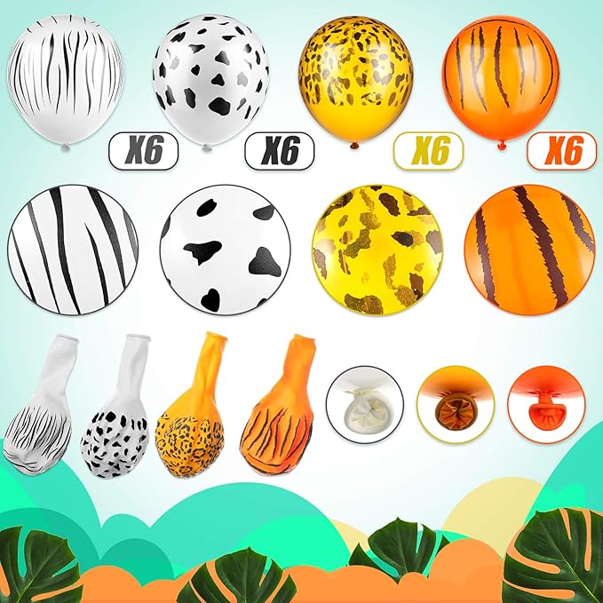 24 Pieces Jungle Animal Print Balloons Jungle Safari Animal Balloons Tiger Leopard Cow Zebra Balloons for Jungle Safari Theme Party Decorations Jungle Birthday Party Decorations