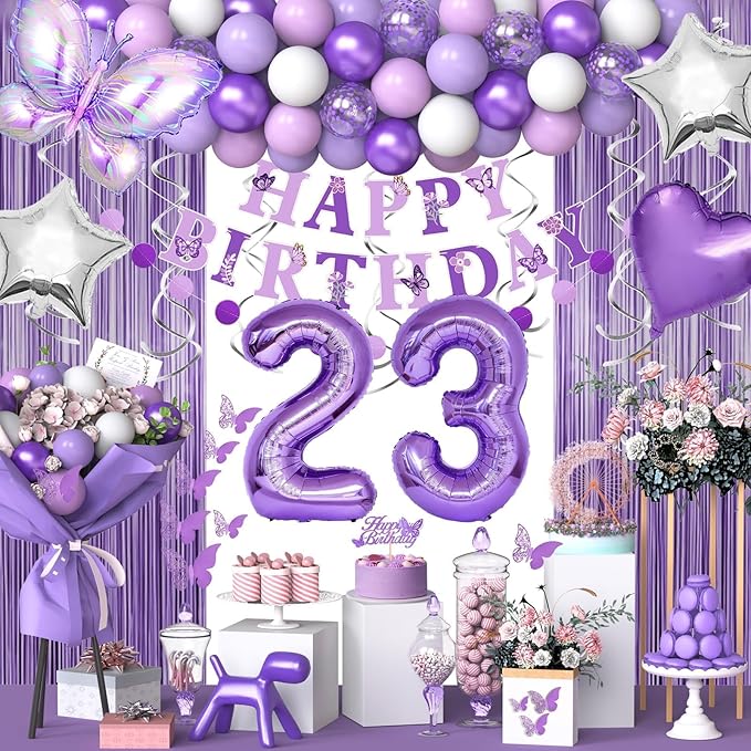 23rd Purple Birthday Decorations for Women, Purple Pink 23rd Birthday Decorations Butterfly Theme Lavender Party Decor Set with Number Balloons, Banner, Sash, Butterfly Stickers