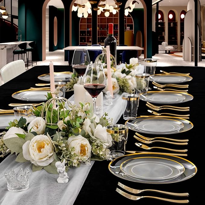 LIYH 60 Pcs Clear and Gold Plastic Plates Heavy Duty Clear Disposable Plates for Party Gold Plastic Plate for Wedding Birthday Include 30 Dinner 30 Dessert Plate