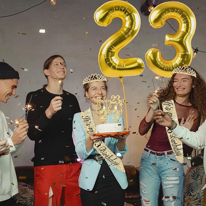 23rd Birthday Decorations for Women Gold Set with 23rd Birthday Tiara and Sash, Cake Topper and Number Candles , Balloons, 23 Year Old Gifts for Women