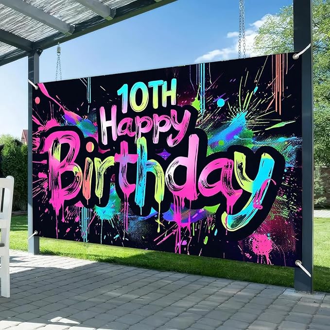 Neon 10th Happy Birthday Banner 71x43 Inch Paint Splatter Glow in The Dark Party Backdrop Colorful Wall Decor for Kids Boys Girls Tenth Birthday Celebrations Photo Booth Event Supplies partyjju`sexclusive