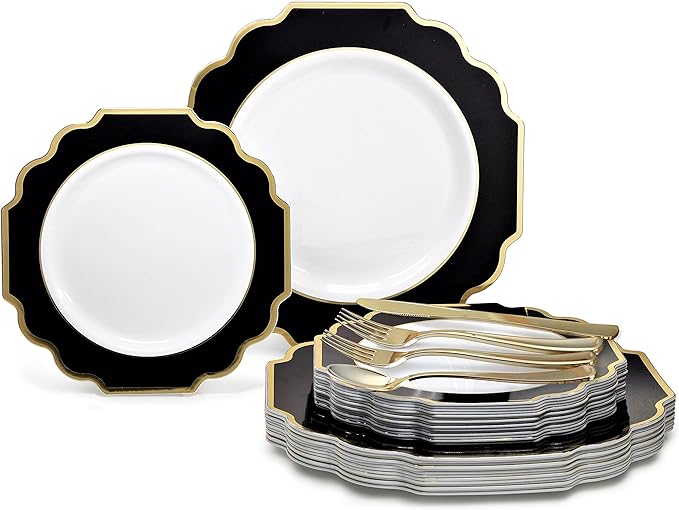 " OCCASIONS " 150 Piece set (25 Guests)-Wedding Plastic Plates & cutlery -Disposable heavyweight Dinnerware 10.5'', 8'' + Silverware w/double fork (Imperial in White/Black & Gold)