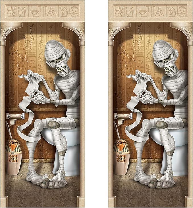 Beistle 2-Pack Mummy Restroom Door Covers, Spooky Halloween Bathroom Decorations, All-Weather Plastic for Haunted House and Trick-or-Treat, 5’ x 30”