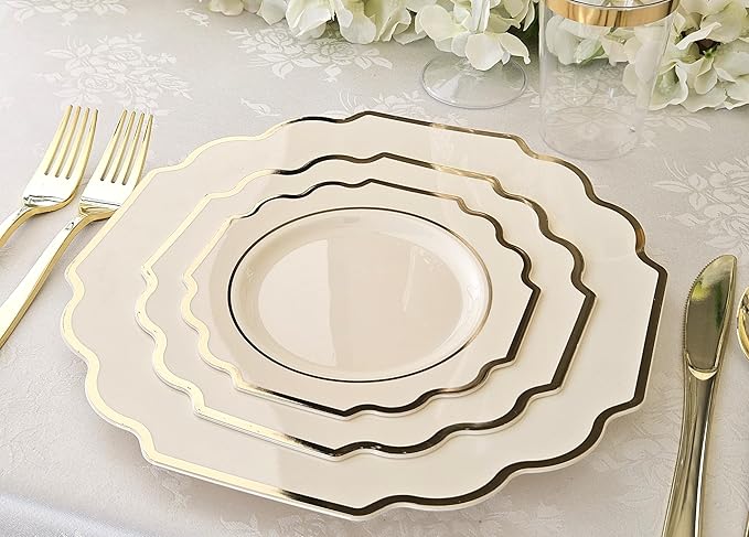 OCCASIONS 360 Pcs set (60 guest) Wedding Disposable Plastic Plate and Silverware Combo 10.5" + 8" + Silverware (Double Fork) (Imperial in Ivory & Gold Rim, Gold Silverware)
