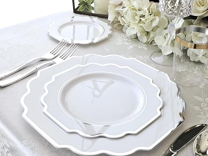 " OCCASIONS " 150 Piece set (25 Guests)-Wedding Plastic Plates & cutlery -Disposable heavyweight Dinnerware 10.5'', 8'' + Silverware w/double fork (Imperial in White & Silver Rim)