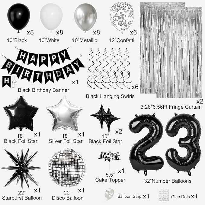 23rd Birthday Decorations for Men Women, Black Silver Happy Birthday Party Decorations， 23 Year Old Party Supplies with Number 23 Balloons, Banner, Fringe Curtains Kit