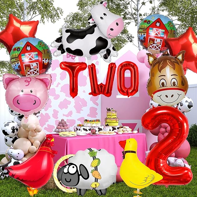 14 PCS Farm Animal Balloons Cow Sheep Duck Rooster Pig Donkey Balloons Barnyard Balloon Supplies with Large Number 2 Foil Balloon for Farm Animal Theme 2nd Birthday Party Decor Supplies