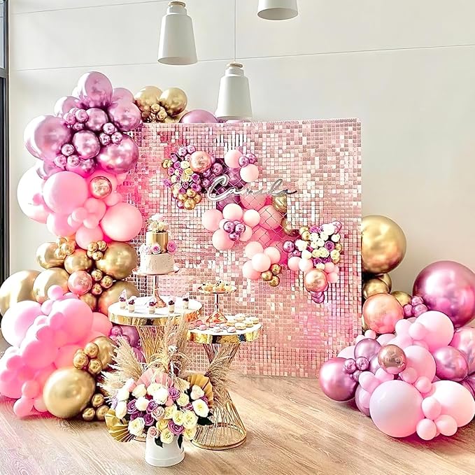 PartyWoo Pink and Purple Balloon Arch Kit Garland 142pcs Different Sizes of 18 12 10 5 Inch Metallic Baby Pink Hot Pink Chrome Light Purple Gold Confetti Balloons for Birthday Party Decorations