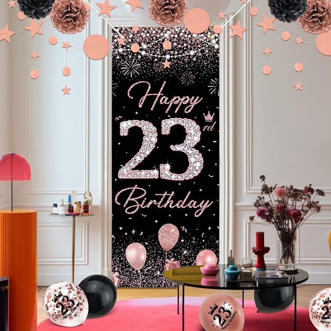 23rd Birthday Decorations for women, TSVATE Rose Gold Happy 23rd Birthday Decorations, Happy 23 rd Banner, Twenty Three Backdrop for Yard Door Wall, 23 Balloons, Pompoms, Star Streamer