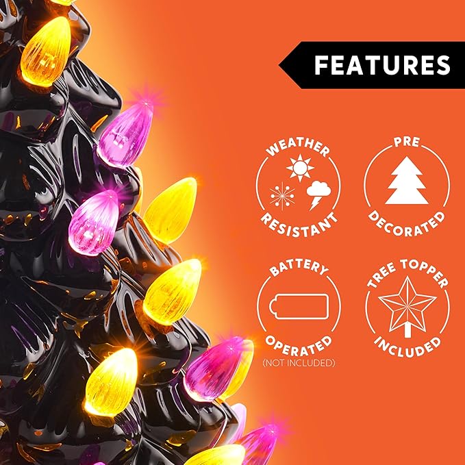 JOYIN 8.5 Inch Halloween Ceramic Tree Black Christmas Tree with Orange Pumpkin Over Multicolor Bulbs LED Light Up Battery Operated Light Up Halloween Decorations for Indoor Party Decor Gifts
