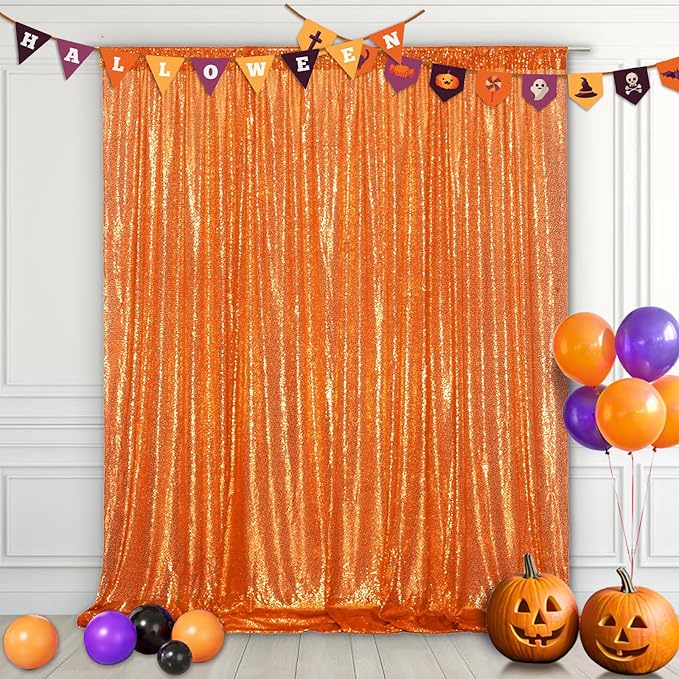 Eternal Beauty Orange Sequin Backdrop, 10x10 Ft Halloween Glitter Background Curtains for Shimmer Photography Party Wedding Birthday Back Drop Decor