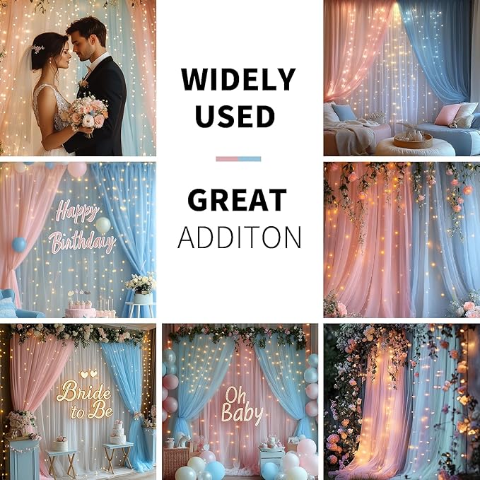 Pink Blue Tulle Backdrop Curtain with Lights String - 10x8ft Sheer Backdrop with 250 LEDs for Wedding, Baby Shower, Bridal Shower, Birthday Party Photo Shoot Background and Home Decorations