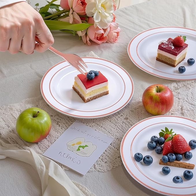 WELLIFE 240 Pieces Rose Gold Plastic Dessert Plates with Disposable Forks, Includes 120 Pcs Appetizers Plates 6.3 inch, 120 Pcs Rose Gold Forks, Perfect for Party and Weddings