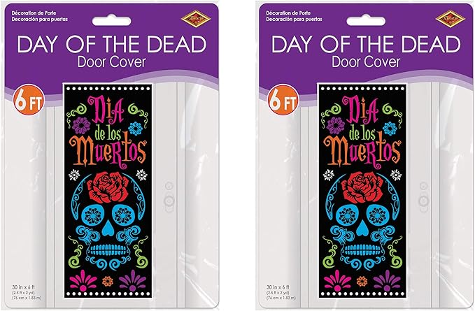 Beistle Day of The Dead Door Covers, 6’ x 30”, 2 Pieces – Plastic for Indoor & Outdoor Use – Easily Display – Mexican Themed Front Door Covers, Dia de los Muertos Party Supplies