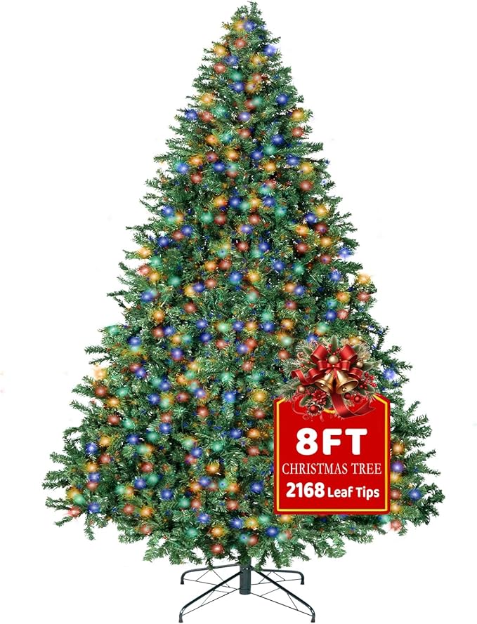 8FT Christmas Tree with Lights,Artificial Christmas Tree with 750 LED Lights and 2168 Branch Tips,Xmas Tree with Foldable Stand Perfect for Indoor&Outdoor,Christmas Decoration for Party by DNKMOR