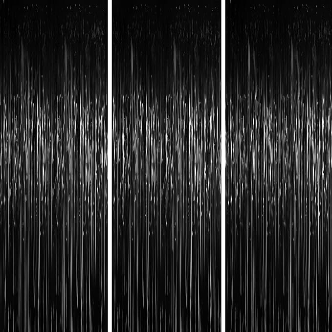 3 Pack 3.3 x 6.6 ft Black Foil Fringe Backdrop Curtains, Tinsel Streamers Party Decorations, Fringe Backdrop for Birthday, Baby Shower, Gender Reveal, Graduation