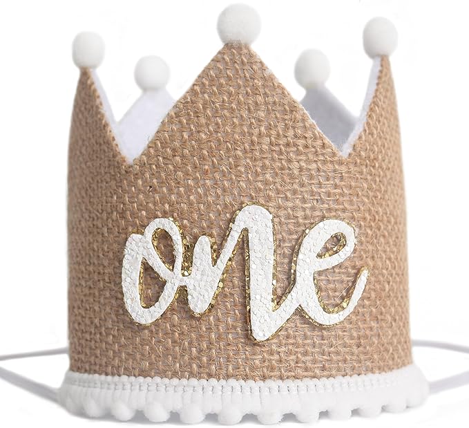 KOJIN 1 St Linen Birthday Hat For Boy - 1st Natural Decor Birthday Hat, Retro Style White Cake Smash Photo Prop