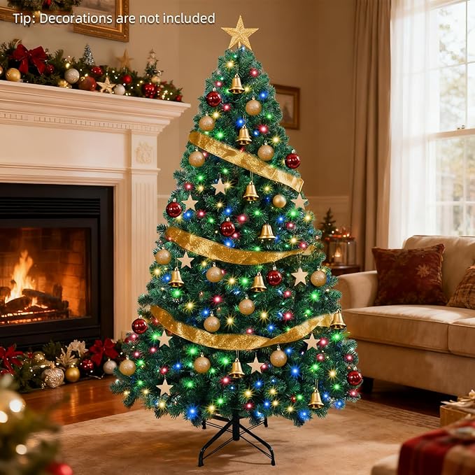 7.5ft Pre-Lit Christmas Tree, 470 LED Warm White & Multicolour Lights, 1420 PVC Branch Tips, Remote Control, 10 Lighting Modes, Foldable Metal Stand, Holiday Decor