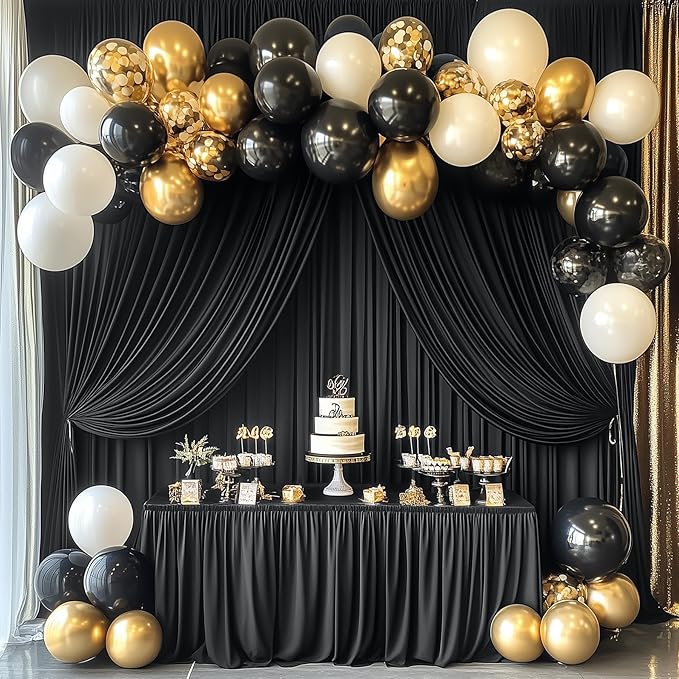 30ft x 10ft Wrinkle Free Black Backdrop Curtain for Parties, 6 Panels 5X10ft Polyester Black Photo Backdrop Drapes Back Drop Cloth for Birthday Wedding Party Photography Background