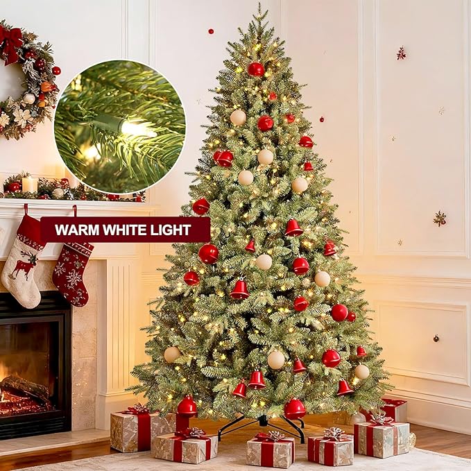 6FT Pre-Lit Artificial Christmas Tree with 1458 PE&PVC Mixed Branch Tips, 400 Warm White Lights, Hinged Premium Spruce Fake Xmas Trees, Green, Foldable Base