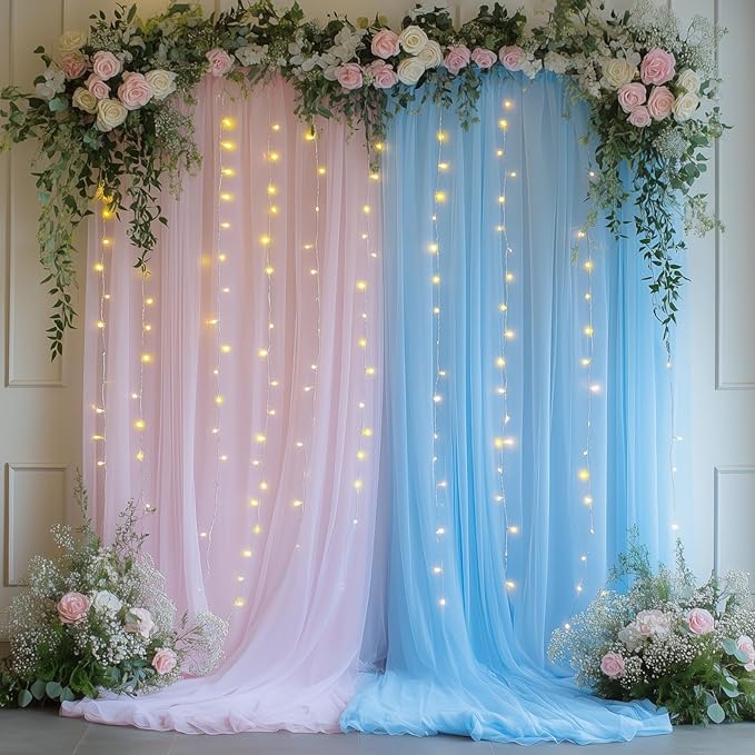 Pink Blue Tulle Backdrop Curtain with Lights String - 10x8ft Sheer Backdrop with 250 LEDs for Wedding, Baby Shower, Bridal Shower, Birthday Party Photo Shoot Background and Home Decorations