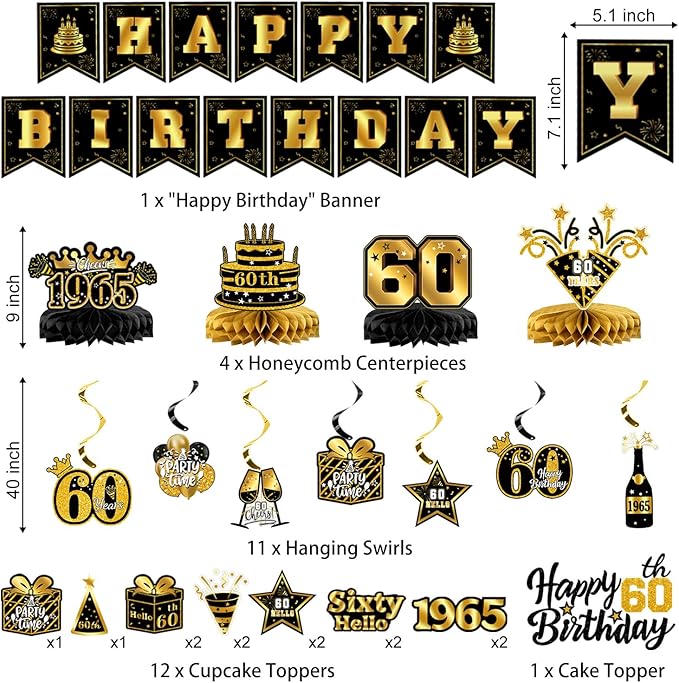 partyjju`s 58PCS 60th Birthday Decorations for Men Women, 60th Black Gold Party Supplies Backdrop, Honeycomb Centerpieces, Banner, Hanging Swirls, Foil & Latex Balloon, Cake & Cupcake Toppers, Pompons, Sash