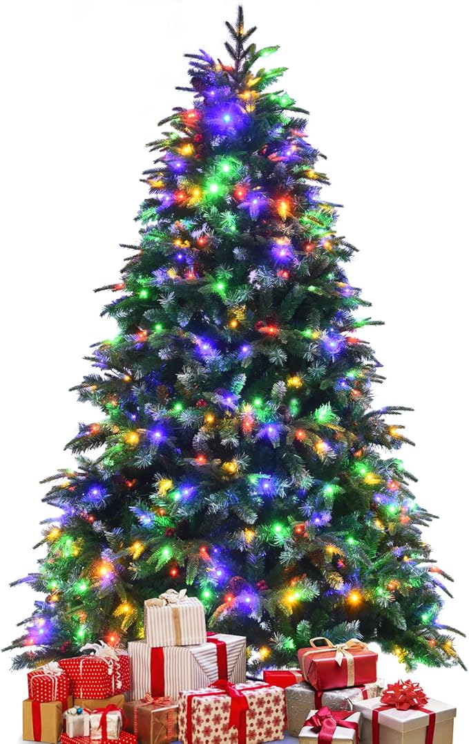 GOFLAME 7ft Pre-Lit Artificial Christmas Tree, Realistic Xmas Tree w/ 1315 Branch Tips, 450 Multi-Color LED Lights, 43 Pinecones & Red Berries, Pine Tree w/ 11 Flash Modes for Holiday Decoration