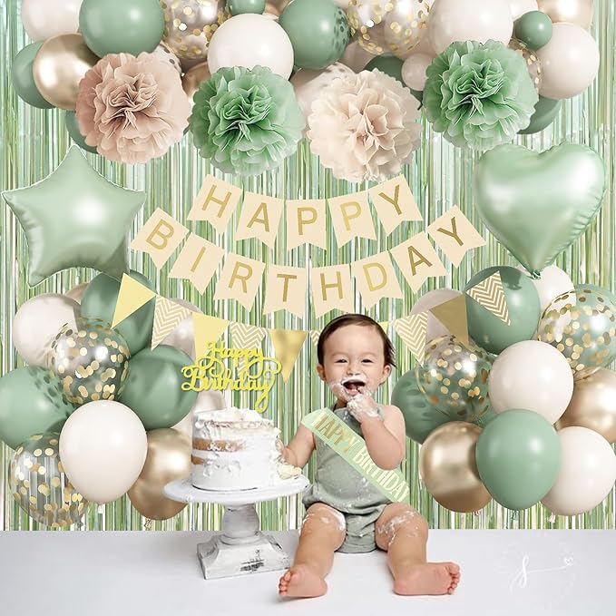 Sage Green Birthday Decorations, Neutral Green Gold Nude Party Décor with Foil & Latex Balloons Sash Fringe Curtains Happy Birthday Banner Cake Topper Paper Pompoms Party Decor for Women Girl