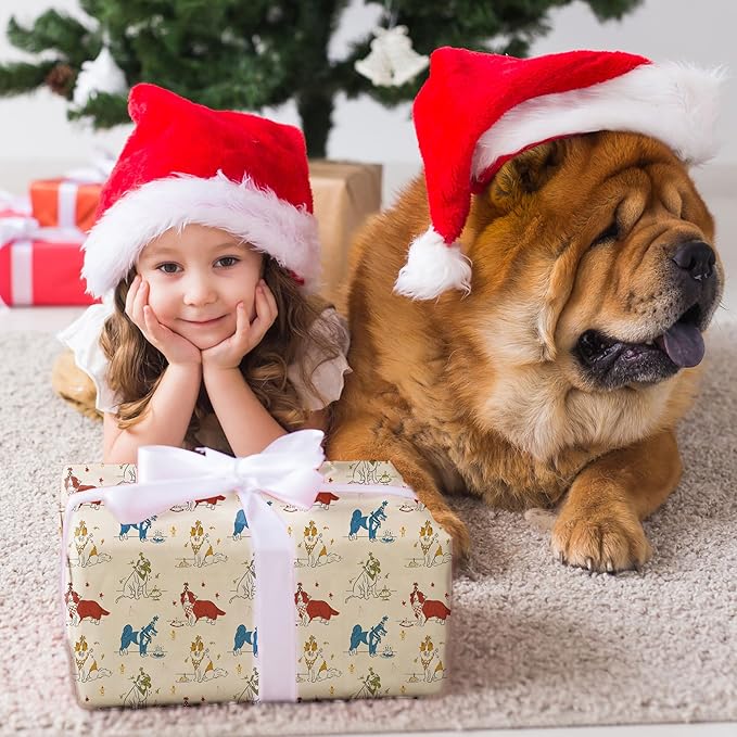 RiukRaiu Dog Wrapping Paper for Birthday - Yellow Gift Wrap Dessert Cake Candles Birthday Hat Akita Corgi Shepherd for Party, Holiday – 4 Folded Sheets 28 X 40 Inch, Easy to Store