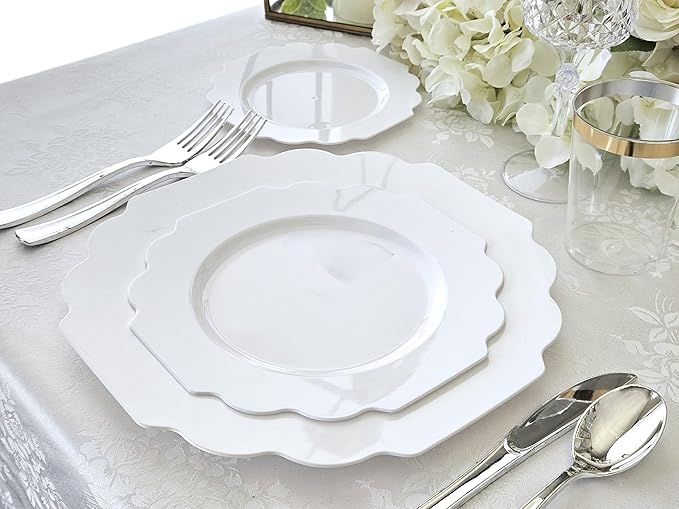 " OCCASIONS " 150 Piece set (25 Guests)-Wedding Plastic Plates & cutlery -Disposable heavyweight Dinnerware 10.5'', 8'' + Silverware w/double fork (Imperial in White)