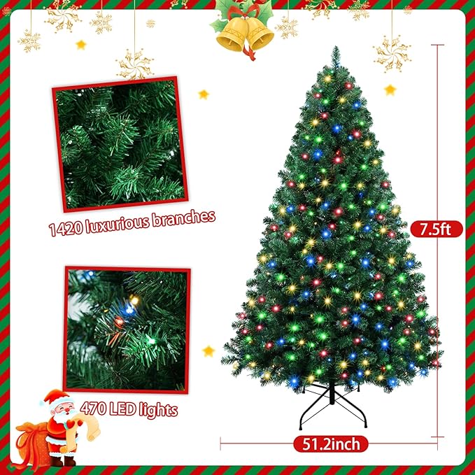 7.5ft Pre-Lit Christmas Tree, 470 LED Warm White & Multicolour Lights, 1420 PVC Branch Tips, Remote Control, 10 Lighting Modes, Foldable Metal Stand, Holiday Decor