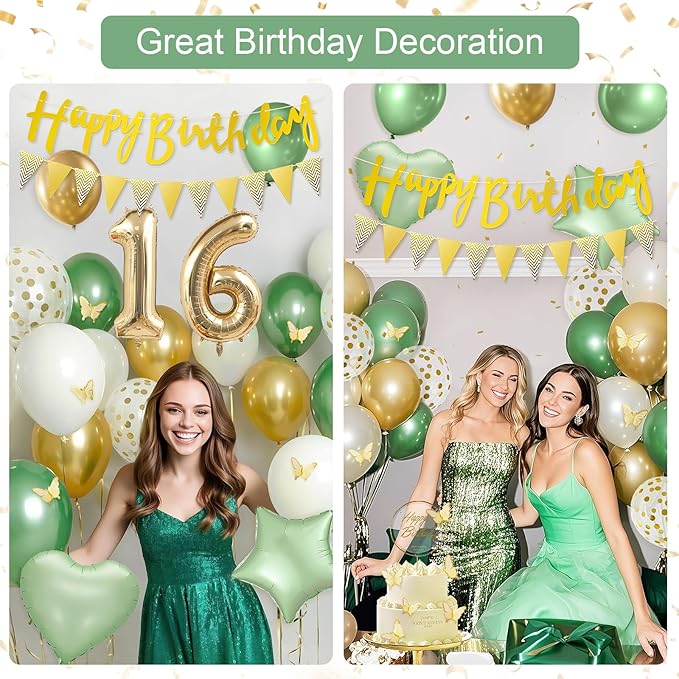 23rd Sage Green Birthday Decorations, Boho Green White Gold Balloons Decorations for Girls, Happy 23 Birthday Party Supplies with Happy Birthday banner, Number Foil Balloon, Butterfly Cake Topper