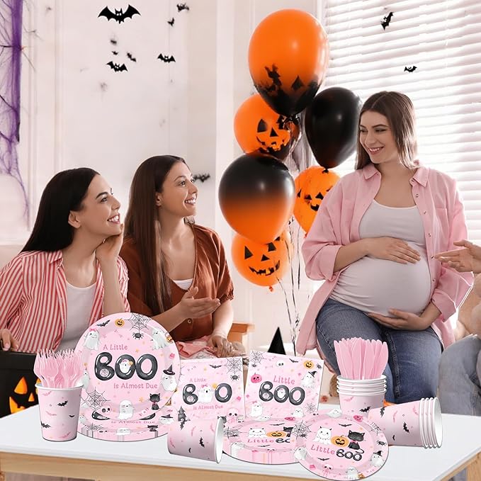 A Little Boo Is Almost Due Baby Shower Girl Decorations,144pcs Pink Halloween Baby Shower Plates and Napkins Cups for Boo baby Shower Decorations,Serves 24
