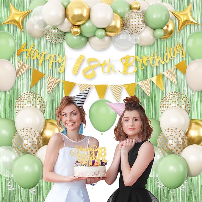 18th Birthday Decorations Sage Green, 18th Birthday Balloons Green Gold Clear, Happy 18th Birthday Banner with Fringe Curtain Cake Toppers Number 18 Balloons for Girls Boys 18 Year Old Bday