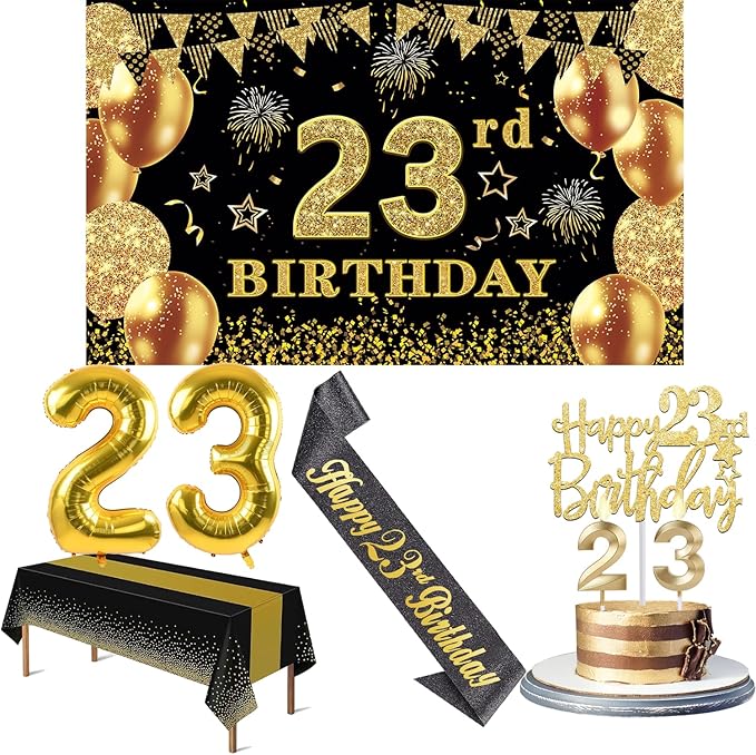 23rd Birthday Decorations Men Women with 23rd Birthday Banner, Black and Gold Table Cloth, Number Balloons, Large Sash, Cake Topper and Candles