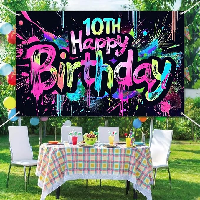 Neon 10th Happy Birthday Banner 71x43 Inch Paint Splatter Glow in The Dark Party Backdrop Colorful Wall Decor for Kids Boys Girls Tenth Birthday Celebrations Photo Booth Event Supplies partyjju`sexclusive