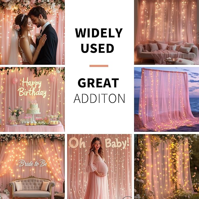 Pink Tulle Backdrop Curtain with Lights String - 10x8ft Sheer Backdrop with 250 LEDs for Wedding, Baby Shower, Bridal Shower, Birthday Party Photo Shoot Background and Home Decorations