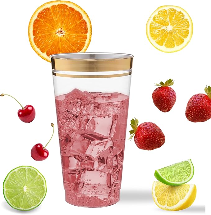 Perfect Settings Gold Rimmed Disposable Plastic Cups, Clear Hard Plastic Drinking Glasses for Cold Beverages & Cocktails, BPA-FREE, Disposable Wedding Cups, 16 oz. (Pack of 100)