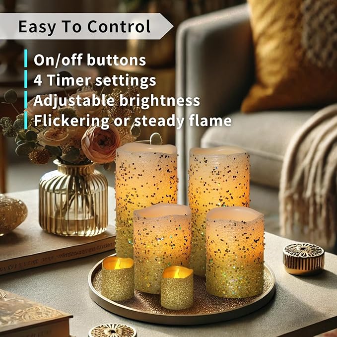 FURORA LIGHTING Gold Glitter LED Candles with Remote and Timer, 4 Pillars and 4 Votives Pack of 8, Real Wax Flameless Flickering Candles for Home Décor, Battery Included
