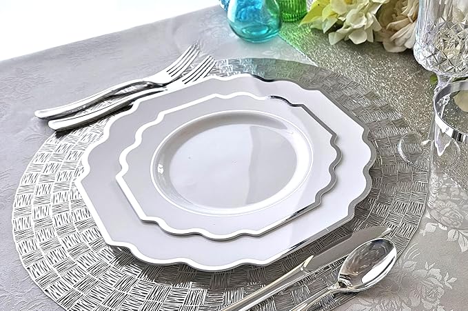 " OCCASIONS " 150 Piece set (25 Guests)-Wedding Plastic Plates & cutlery -Disposable heavyweight Dinnerware 10.5'', 8'' + Silverware w/double fork (Imperial in White & Silver Rim)