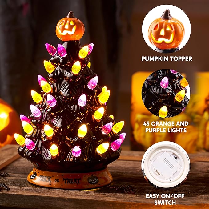JOYIN 8.5 Inch Halloween Ceramic Tree Black Christmas Tree with Orange Pumpkin Over Multicolor Bulbs LED Light Up Battery Operated Light Up Halloween Decorations for Indoor Party Decor Gifts