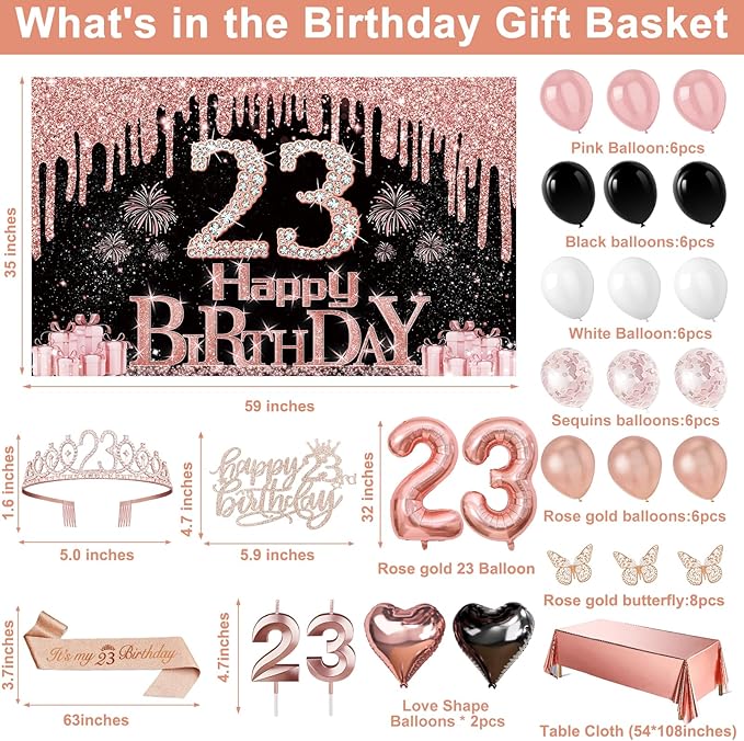 23rd Birthday Decorations for Her, 49pcs Black Rose Gold Black Banner, Tablecloth, Butterfly Decor, 23rd Birthday Sash and Tiara, Cake Topper, Candles, Balloons Arch