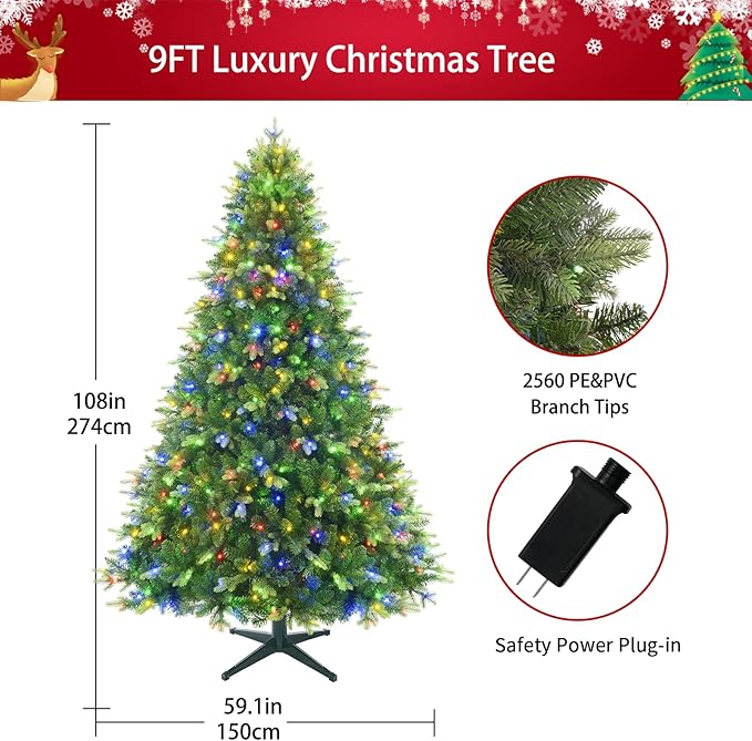 9ft Prelit Artificial Christmas Tree with Music, 600 Warm White & Multi-Color LED Lights, 2560 PE+PVC Branch Tips, Remote Control Rotating Stand, 8 Lighting Effects, Timed Design