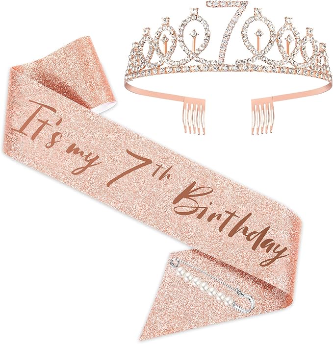 partyjju`s Rose Gold Birthday Crown 7 & Fabulous Sash and Tiara for Girls, Gifts for Happy 7th birthday Party Favor Supplies