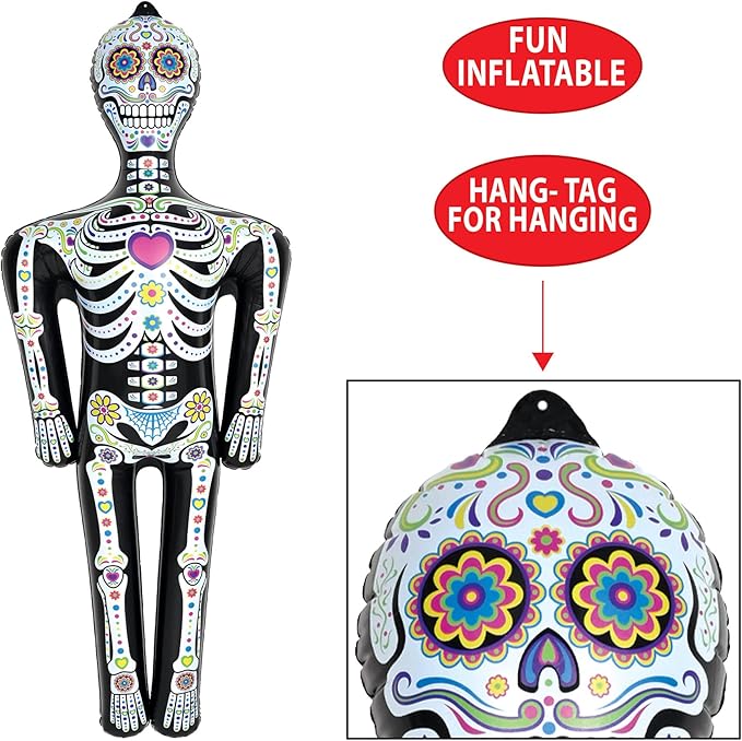 Beistle 4' 6" PVC Inflatable Skeleton for Day of The Dead Party Decorations and Halloween Décor